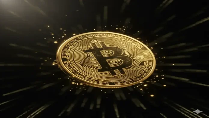 बिटकॉइन कीमत में भारी गिरावट – 6 महीने के निचले स्तर पर BTC गोल्डन बिटकॉइन कॉइन का क्लोज़-अप शॉट, जो क्रिप्टो बाजार की गिरावट और कीमत में तेज़ गिरावट को दर्शाता है