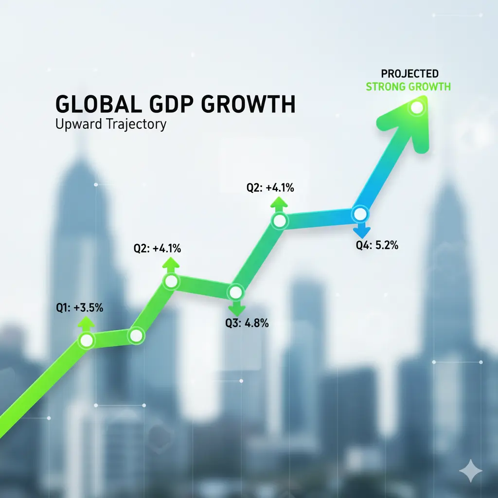 भारत की GDP ग्रोथ का बढ़ता रुझान 2026–2028 ऊपर की ओर बढ़ती GDP ग्रोथ को दर्शाने वाला ग्राफ, जिसमें तिमाही आधार पर आर्थिक वृद्धि और भविष्य की अनुमानित वृद्धि दिखाई गई है।