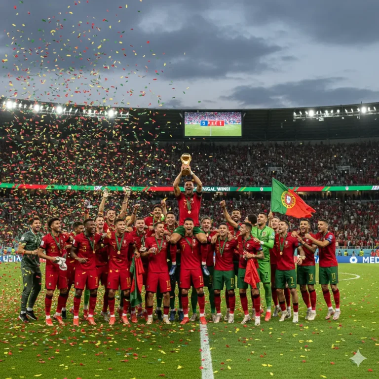 फीफा विश्व कप क्वालीफाई करने के बाद ट्रॉफी के साथ जश्न मनाती पुर्तगाल फुटबॉल टीम की तस्वीर