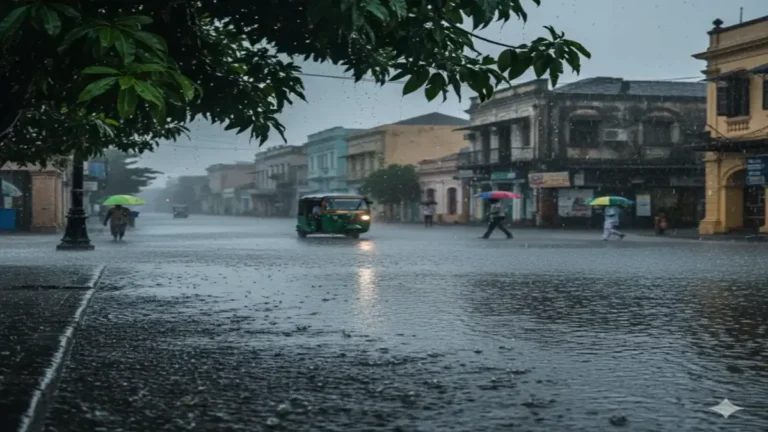 तमिलनाडु में भारी बारिश: पुरानी इमारतों के सामने जलमग्न सड़क पर ऑटो-रिक्शा और छाता लिए लोग।