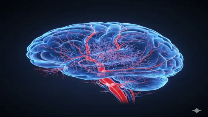 मानव मस्तिष्क में रक्त वाहिकाओं का 3D चित्र, जो पार्किंसंस बीमारी में होने वाले वैस्कुलर बदलाव दिखाता है"