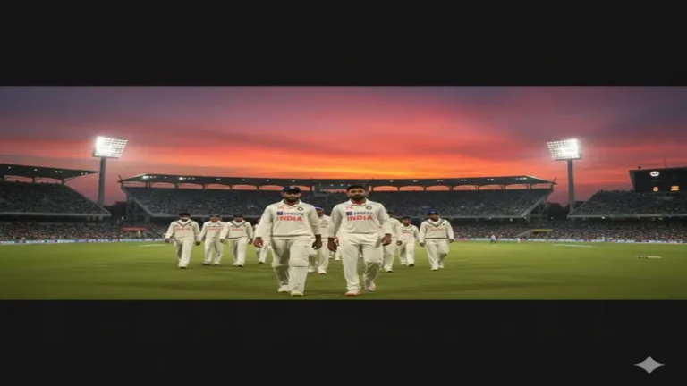 भारतीय टेस्ट क्रिकेट टीम सूर्यास्त के समय स्टेडियम से बाहर जाती हुई, पीछे दर्शकों से भरा मैदान और फ्लड लाइट्स दिखाई देती हैं"