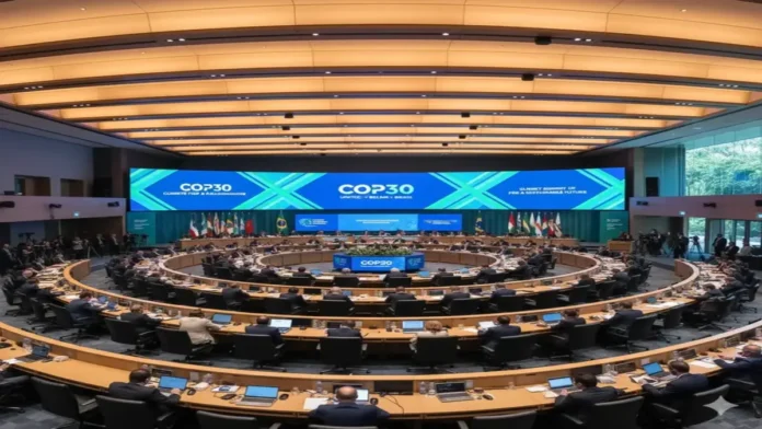 सीओपी30 जलवायु सम्मेलन के कॉन्फ्रेंस हॉल की पृष्ठभूमि"