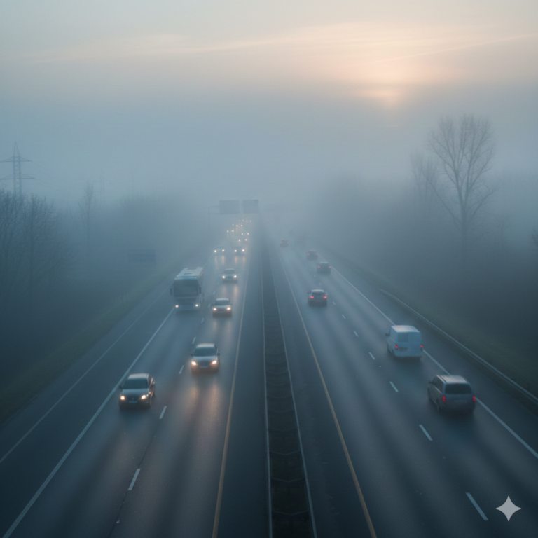 सुबह के समय घने कोहरे के कारण हाईवे पर कम दृश्यता में चलती गाड़ियाँ