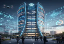 6G मिशन सरकार के 7 वर्किंग ग्रुप ने पेश किया विस्तृत रोडमैप डिजिटल इंडिया भवन के सामने लोग चलते हुए, 6G तकनीक और डिजिटल सेवाओं के होलोग्राम डिस्प्ले के साथ आधुनिक स्मार्ट शहर का दृश्य।"