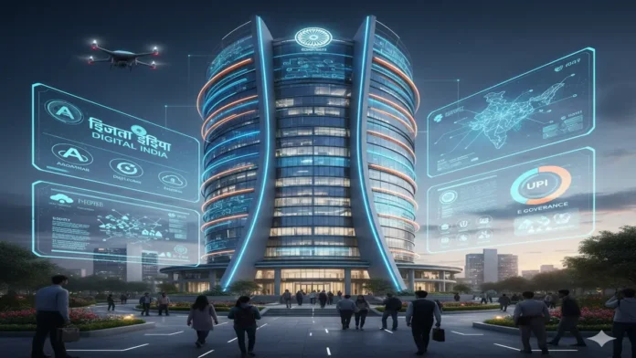डिजिटल इंडिया भवन के सामने लोग चलते हुए, 6G तकनीक और डिजिटल सेवाओं के होलोग्राम डिस्प्ले के साथ आधुनिक स्मार्ट शहर का दृश्य।"