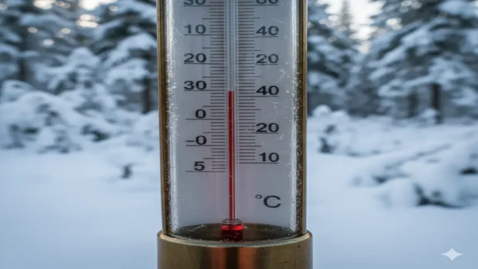 कड़ाके की सर्दी में तापमान में गिरावट दर्शाता थर्मामीटर ठंड के मौसम में कम तापमान दिखाता हुआ थर्मामीटर का क्लोज़अप दृश्य।