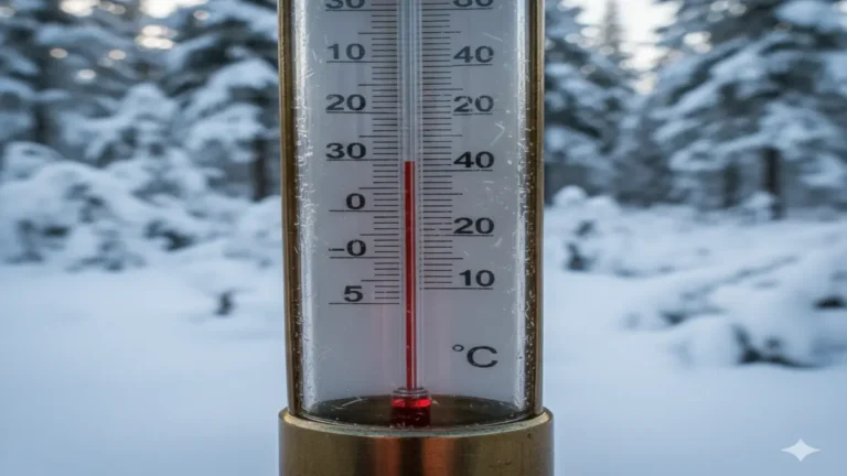 ठंड के मौसम में कम तापमान दिखाता हुआ थर्मामीटर का क्लोज़अप दृश्य।