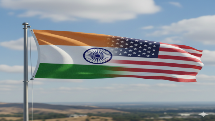 भारत–अमेरिका सहयोग को दर्शाता संयुक्त राष्ट्रीय झंडा भारत और अमेरिका के संयुक्त झंडे का चित्र, जो हवा में लहरा रहा है।