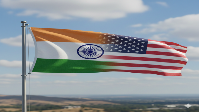 भारत और अमेरिका के संयुक्त झंडे का चित्र, जो हवा में लहरा रहा है।