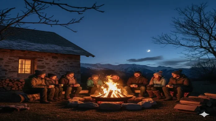 सर्द मौसम में लोग अलाव के आसपास बैठे गर्माहट लेते हुए, ठंडी रात और धुंध जैसा माहौल दिखाई देता है।