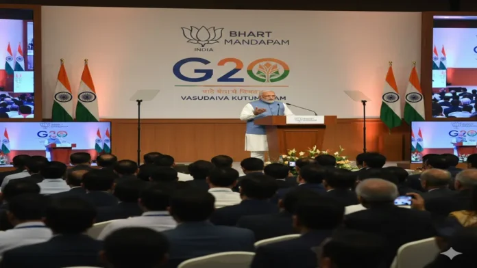 पीएम मोदी का वैश्विक नेतृत्व पर संबोधन – G20 कार्यक्रम G20 मंच पर प्रधानमंत्री नरेंद्र मोदी आर्थिक प्रगति और भारत की वैश्विक नेतृत्व भूमिका पर संबोधन देते हुए।