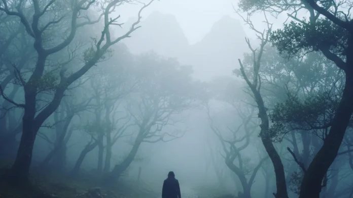 बिहार में शीतलहर के दौरान जंगल की सड़क पर घना सुबह का कोहरा घने कोहरे में जंगल की सड़क पर चलता व्यक्ति, बिहार की ठंड और कम विज़िबिलिटी दिखाता हुआ।