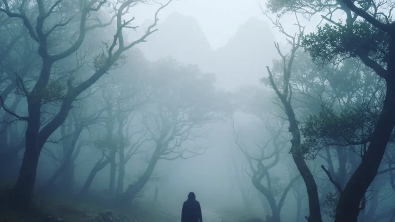 घने कोहरे में जंगल की सड़क पर चलता व्यक्ति, बिहार की ठंड और कम विज़िबिलिटी दिखाता हुआ।