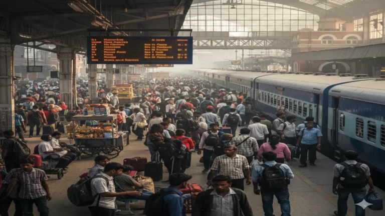 भारतीय रेलवे स्टेशन पर भारी भीड़, प्लेटफॉर्म पर खड़े यात्री और रुकी हुई ट्रेन के पास लोगों की आवाजाही