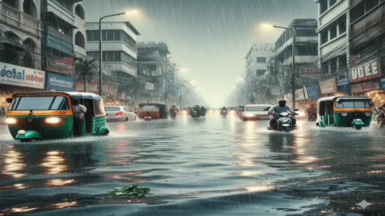 लगातार बारिश के बाद सड़क पर जमा पानी और पानी में फंसे वाहन