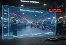 भारत का विनिर्माण PMI नवंबर में 56.6, विकास की रफ्तार में हल्की कमी – HSBC रिपोर्ट इंडिया मैन्युफैक्चरिंग PMI स्लोडाउन ग्राफ फैक्ट्री वर्कर्स और इंडस्ट्रियल बैकग्राउंड के साथ गिरावट दिखा रहा है।”