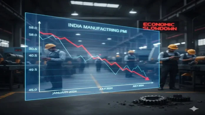 भारत में मैन्युफैक्चरिंग PMI में मंदी दिखी – आर्थिक रिपोर्ट इंडिया मैन्युफैक्चरिंग PMI स्लोडाउन ग्राफ फैक्ट्री वर्कर्स और इंडस्ट्रियल बैकग्राउंड के साथ गिरावट दिखा रहा है।”