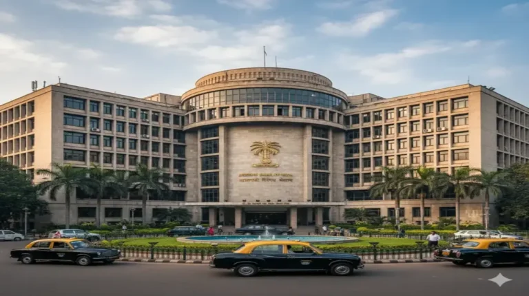 मुंबई स्थित भारतीय रिज़र्व बैंक की मुख्य इमारत, सामने ऑटो रिक्शा और हरे-भरे बगीचे के साथ।"