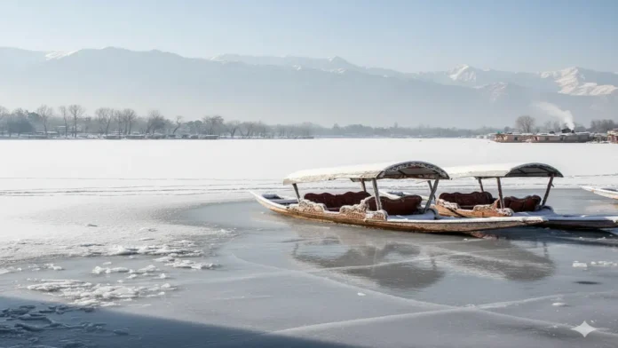 कश्मीर में कड़ाके की ठंड, जमी डल झील पर खड़ी शिकारा नावें कश्मीर में भीषण ठंड के कारण जमी हुई डल झील, बर्फ से ढकी शिकारा नावें और पृष्ठभूमि में हिमालयी पहाड़