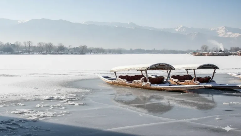 कश्मीर में भीषण ठंड के कारण जमी हुई डल झील, बर्फ से ढकी शिकारा नावें और पृष्ठभूमि में हिमालयी पहाड़