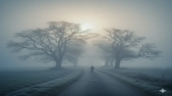 बिहार में ठंड का कहर, कोहरे से जनजीवन प्रभावित” घने कोहरे से ढकी सड़क पर चलते व्यक्ति, बिहार में कड़ाके की ठंड और शीतलहर का असर