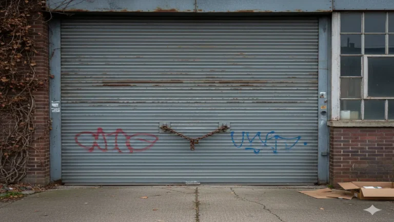 दिल्ली में नकली ब्रांडेड कपड़ों के निर्माण मामले में पुलिस कार्रवाई के बाद बंद और सील की गई फैक्ट्री का शटर