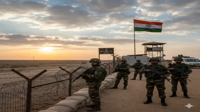 जम्मू-कश्मीर में इंटरनेशनल बॉर्डर पर तैनात बीएसएफ जवान जम्मू-कश्मीर के इंटरनेशनल बॉर्डर पर हथियारों के साथ तैनात बीएसएफ के जवान, पीछे भारतीय तिरंगा लहराता हुआ