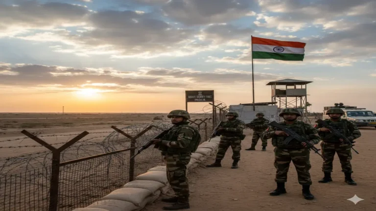 जम्मू-कश्मीर के इंटरनेशनल बॉर्डर पर हथियारों के साथ तैनात बीएसएफ के जवान, पीछे भारतीय तिरंगा लहराता हुआ