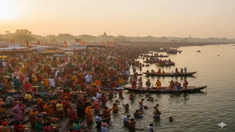 प्रयागराज माघ मेला 2026 में पौष पूर्णिमा स्नान के दौरान संगम तट पर श्रद्धालुओं की भारी भीड़