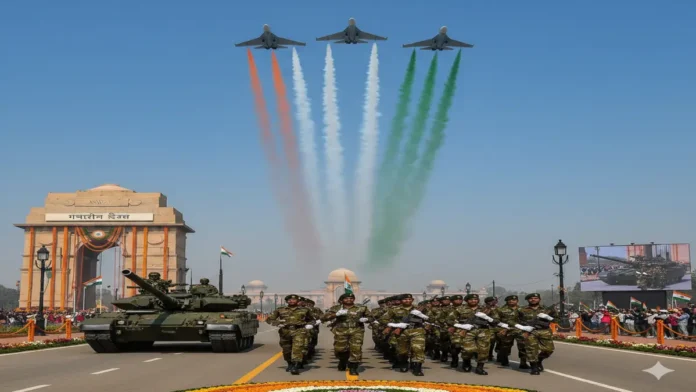 77वें गणतंत्र दिवस पर कर्तव्य पथ पर भारतीय सेना की परेड और वायुसेना का तिरंगा फ्लाई-पास्ट