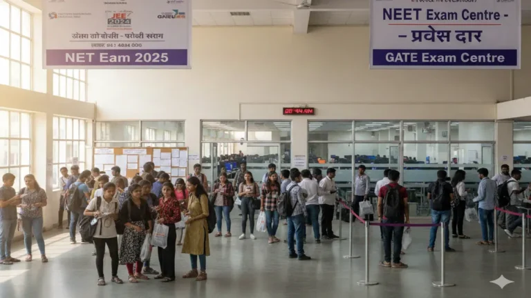 परीक्षा केंद्र के बाहर प्रवेश के लिए कतार में खड़े मेडिकल प्रवेश परीक्षा के अभ्यर्थी, NEET परीक्षा केंद्र का दृश्य