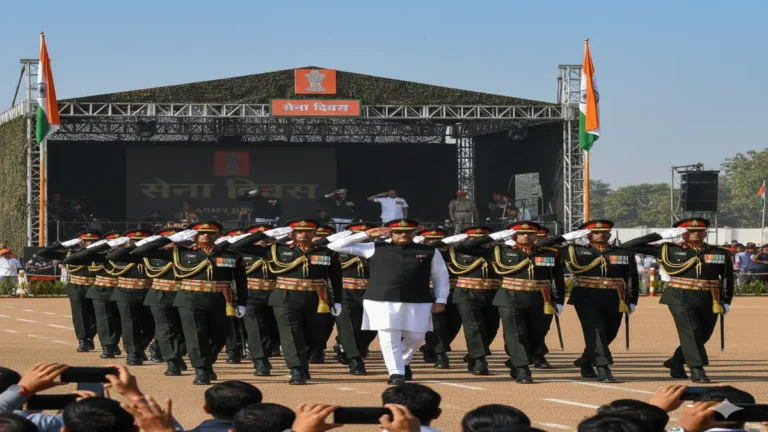 सेना दिवस कार्यक्रम के दौरान भारतीय सेना के जवान सलामी देते हुए