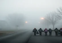 घने कोहरे और शीतलहर के कारण गौतमबुद्धनगर में कक्षा 8 तक के स्कूल 10 जनवरी तक बंद घने कोहरे और ठंड के बीच सुबह स्कूल जाते छोटे बच्चे, सड़क पर दृश्यता बेहद कम