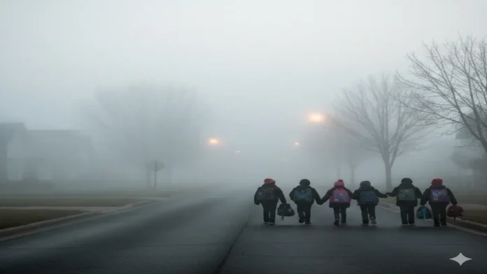 घने कोहरे में स्कूल जाते बच्चे घने कोहरे और ठंड के बीच सुबह स्कूल जाते छोटे बच्चे, सड़क पर दृश्यता बेहद कम