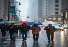 एनसीआर में बदला मौसम का मिजाज, तेज बारिश और आंधी के आसार एनसीआर में बदले मौसम के बीच बारिश के दौरान सड़क पर छाते लेकर चलते लोग