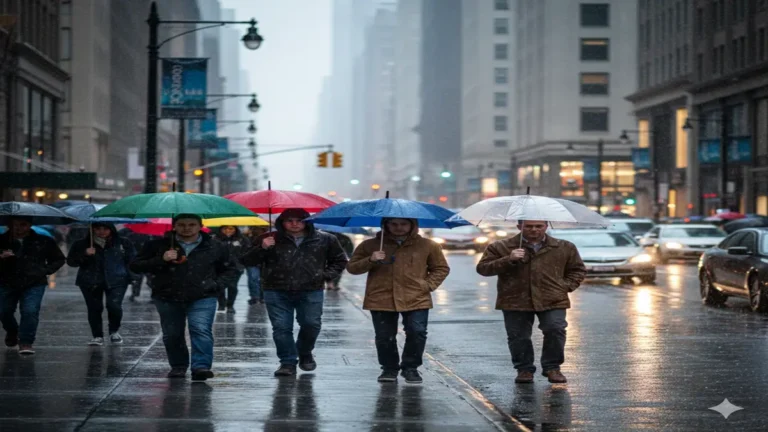 एनसीआर में बदले मौसम के बीच बारिश के दौरान सड़क पर छाते लेकर चलते लोग