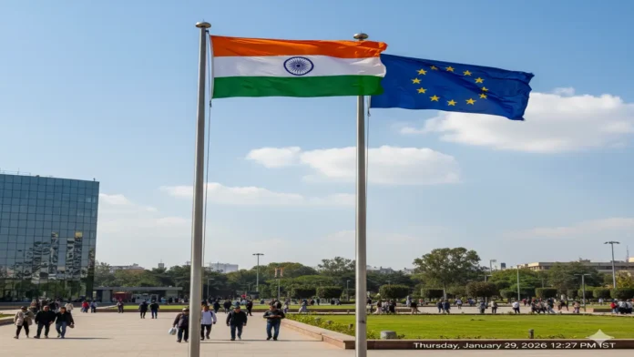 भारत और यूरोपीय संघ के झंडे, सुरक्षित 6G और डिजिटल इंफ्रास्ट्रक्चर सहयोग का प्रतीक