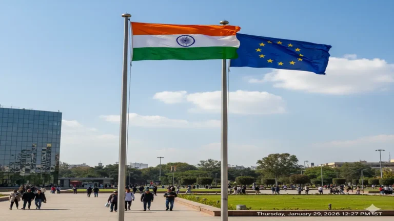 भारत और यूरोपीय संघ के झंडे, सुरक्षित 6G और डिजिटल इंफ्रास्ट्रक्चर सहयोग का प्रतीक