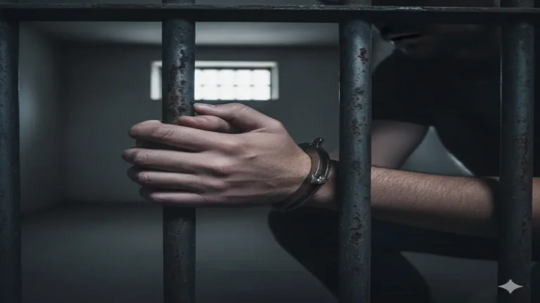 जेल की सलाखों के पीछे हथकड़ी लगाए कैदी का हाथ, म्यांमार में स्वतंत्रता दिवस पर कैदियों की रिहाई से जुड़ा प्रतीकात्मक चित्र