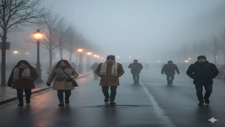 जम्मू-कश्मीर में कड़ाके की ठंड के बीच कोहरे से ढकी सड़क पर गर्म कपड़ों में चलते लोग