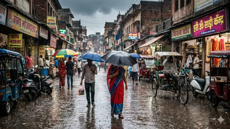 बारिश के दौरान सड़क पर छाता लेकर चलते लोग, दिल्ली-एनसीआर में मौसम बदलाव का दृश्य