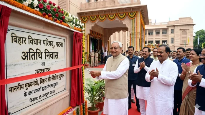 पटना में Nitish Kumar द्वारा विधायक आवास योजना के तहत अतिथि निवास का उद्घाटन करते हुए