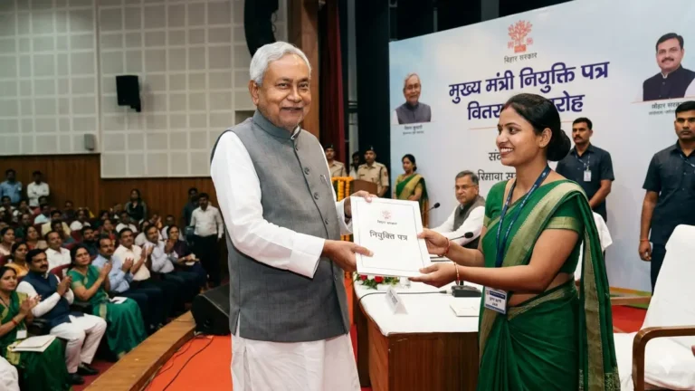 बिहार के मुख्यमंत्री नीतीश कुमार पटना में आयोजित कार्यक्रम में महिला स्वास्थ्य कार्यकर्ता (एएनएम) को नियुक्ति पत्र देते हुए