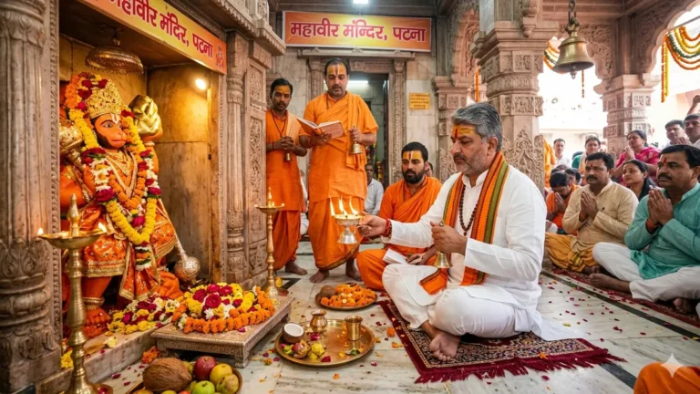 पटना के महावीर मंदिर में भगवान हनुमान की पूजा-अर्चना करते बिहार के मुख्यमंत्री सम्राट चौधरी, साथ में पुजारी और श्रद्धालु मौजूद