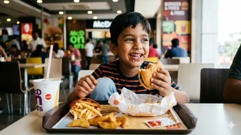 फास्ट फूड रेस्टोरेंट में बैठा एक बच्चा बर्गर और फ्रेंच फ्राइज खाते हुए